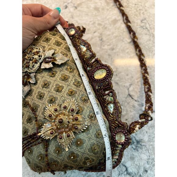 Mary Frances Green & Gold Floral Beaded Hard Case Hand Bag Purse Embellished JL - Picture 15 of 16
